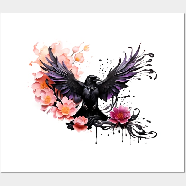 Raven and lotus flowers - Ink dripping effect Wall Art by PrintSoulDesigns